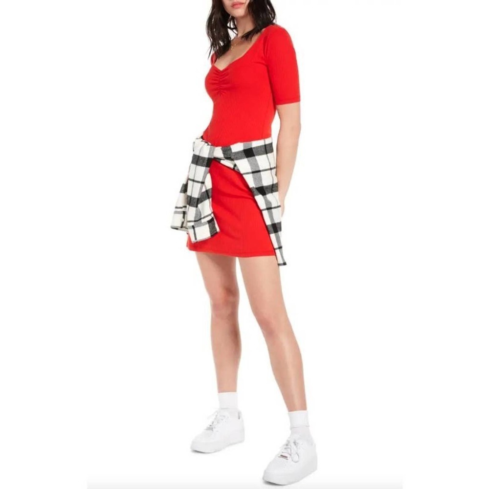BP x Claudia Sulewski Red Ribbed Texture Short Sleeve Mini Dress Size XS